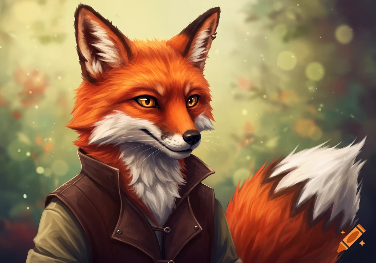 Portrait of a furry fox character wearing a vest in a forest setting.