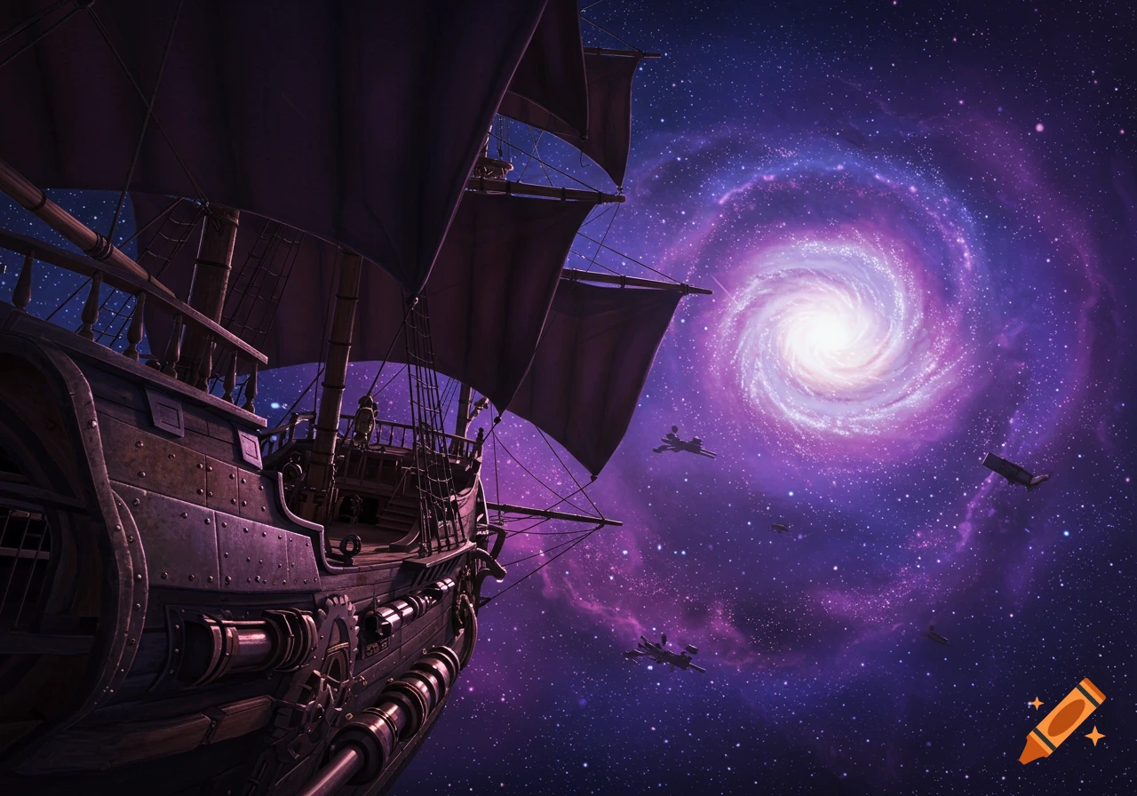 A steampunk sailing ship flies through deep space near a swirling purple galaxy and stars.
