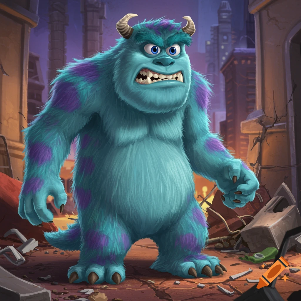 Angry Sully from Monsters Inc. stands in a destroyed city.