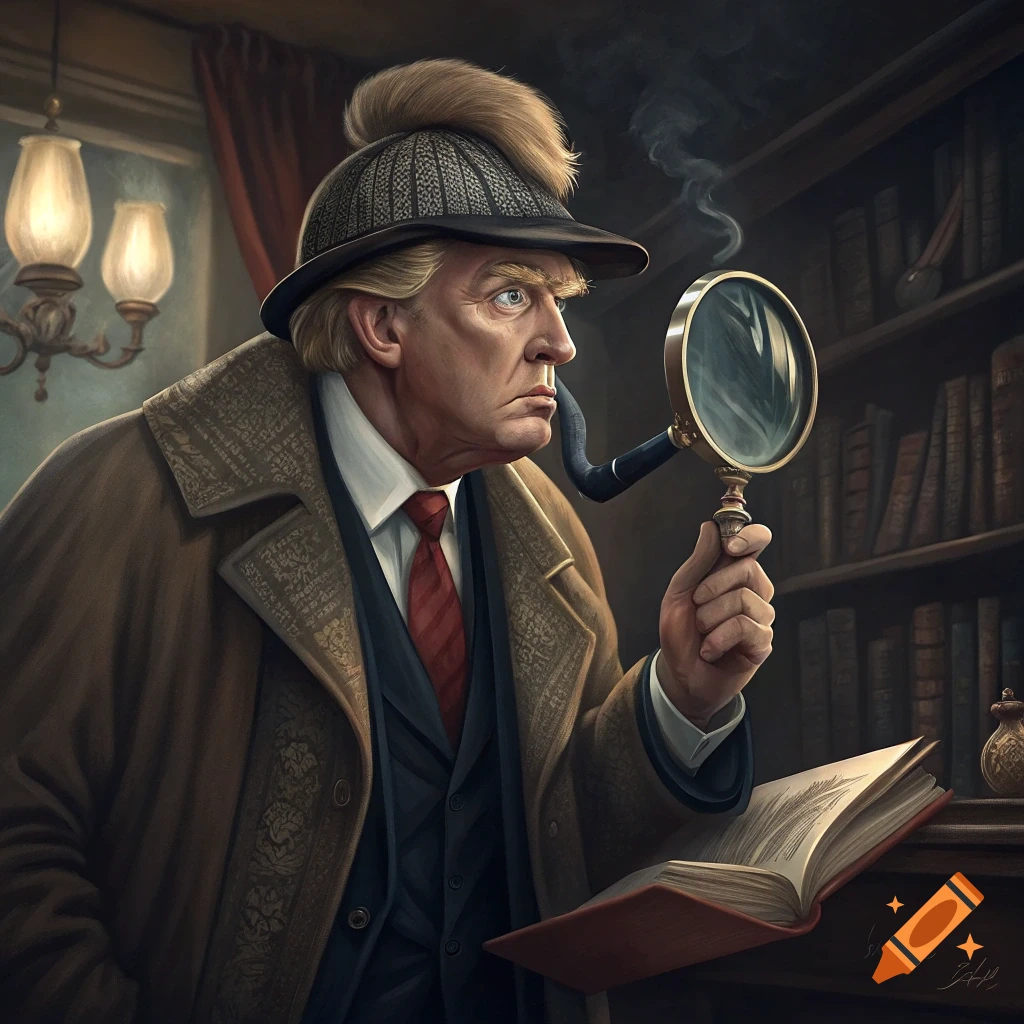 Donald Trump dressed as Sherlock Holmes, holding a magnifying glass and pipe, in a library.