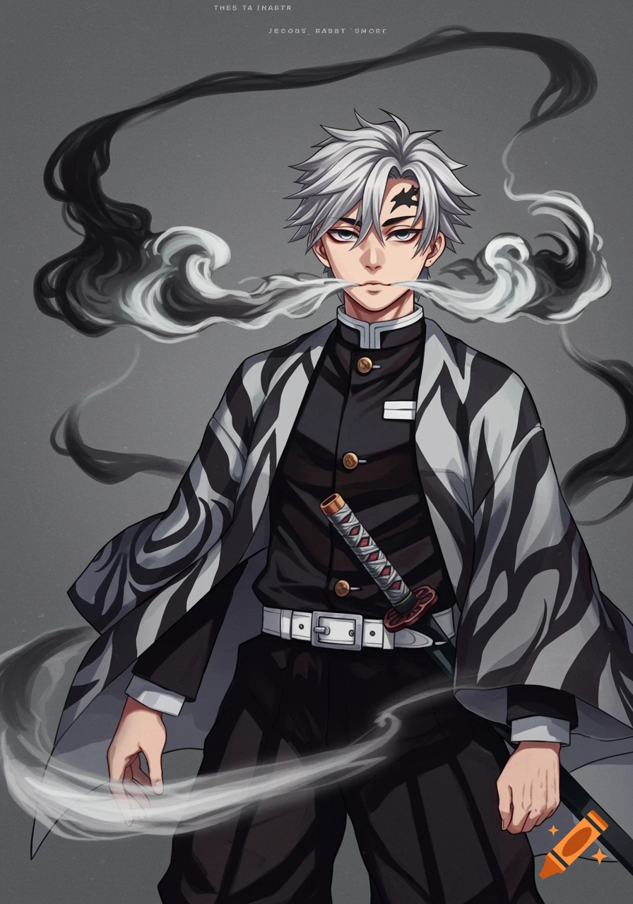 Anime male character in Demon Slayer uniform with striped haori breathing smoke and holding a sword.