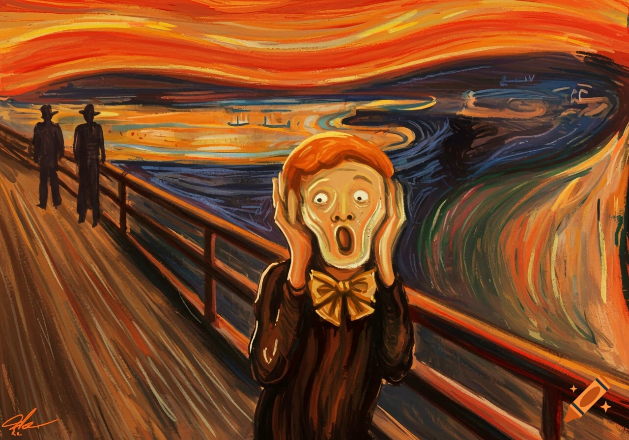 Art parody of The Scream featuring an Oompa Loompa figure on a bridge under a swirling orange sky.