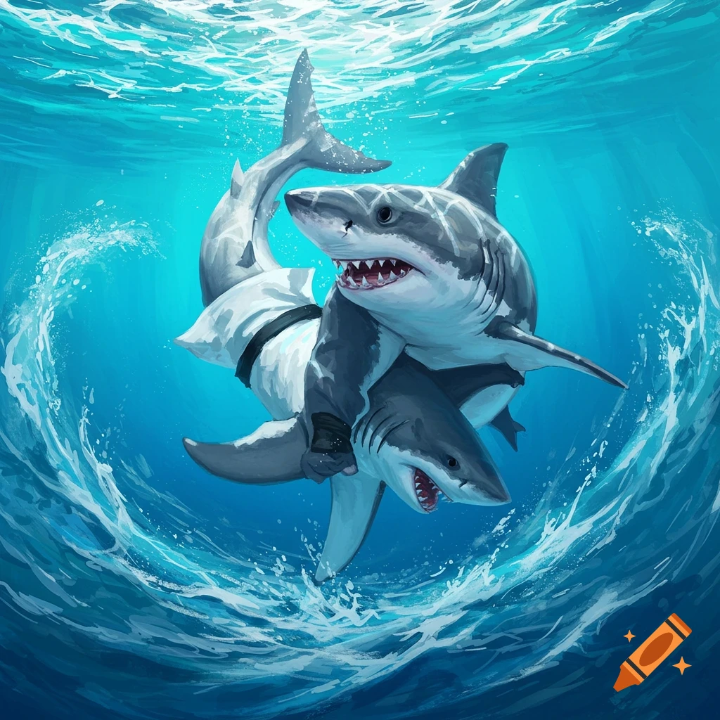 Two sharks grappling underwater, one on the other's back, in a stylized illustration.
