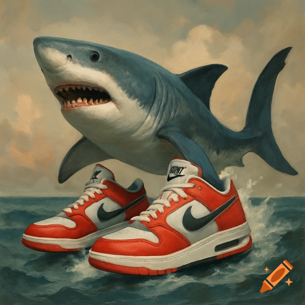 Painted image of a shark jumping from the ocean wearing red and white sneakers.