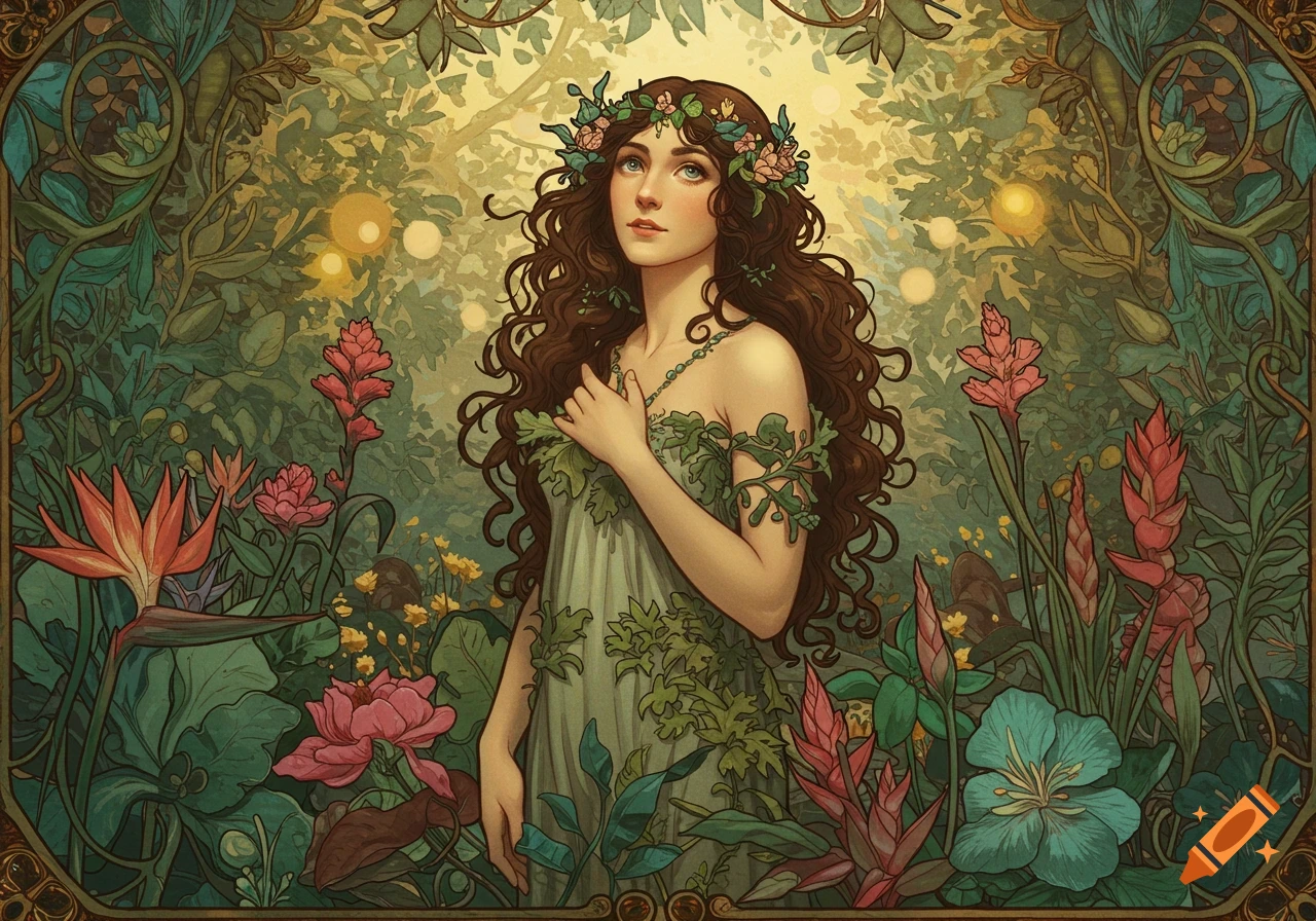 Art nouveau illustration of a woman with long hair and flower crown in a lush forest.