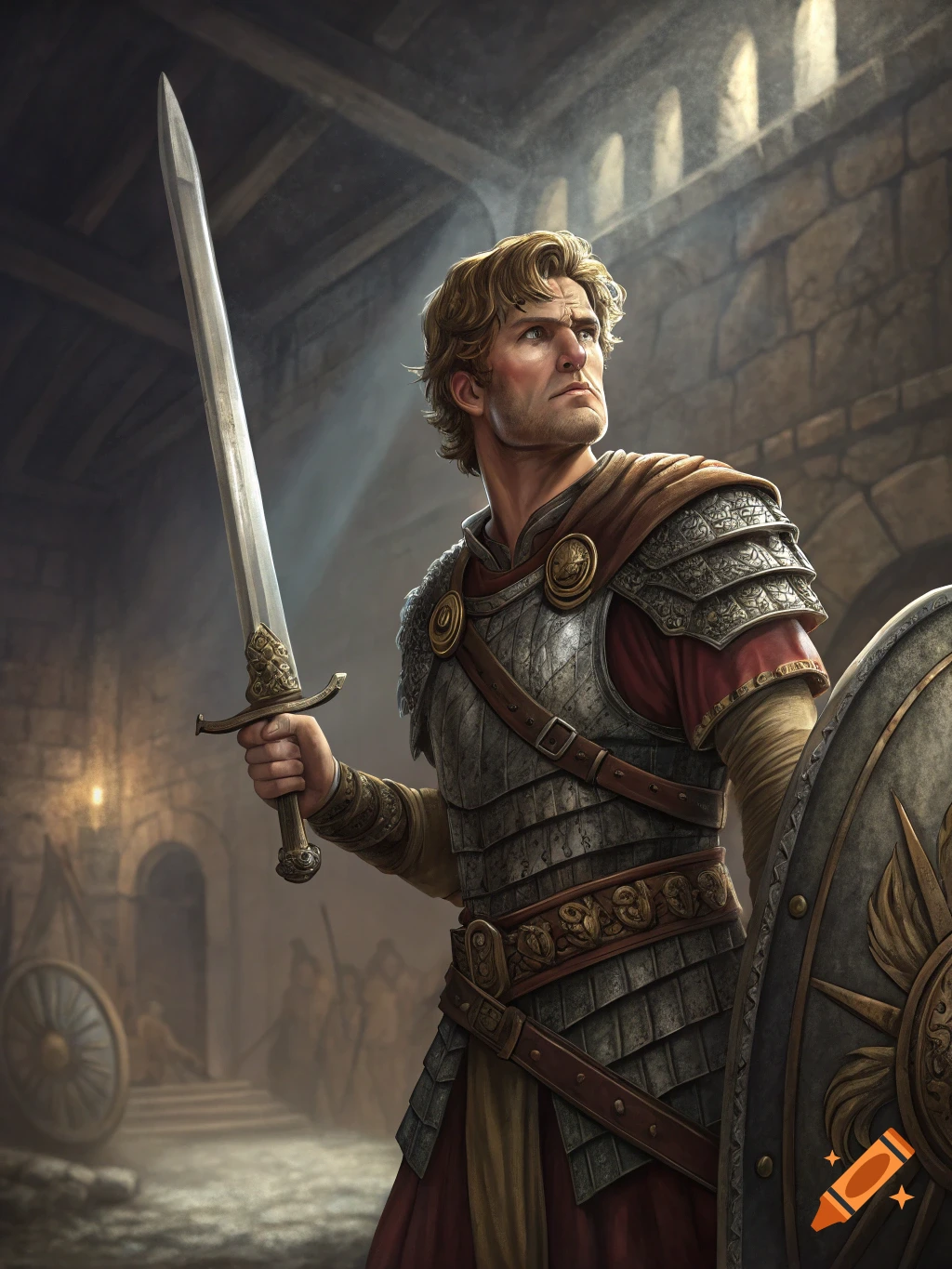 A warrior in ornate armor holds a sword and shield in a castle interior.
