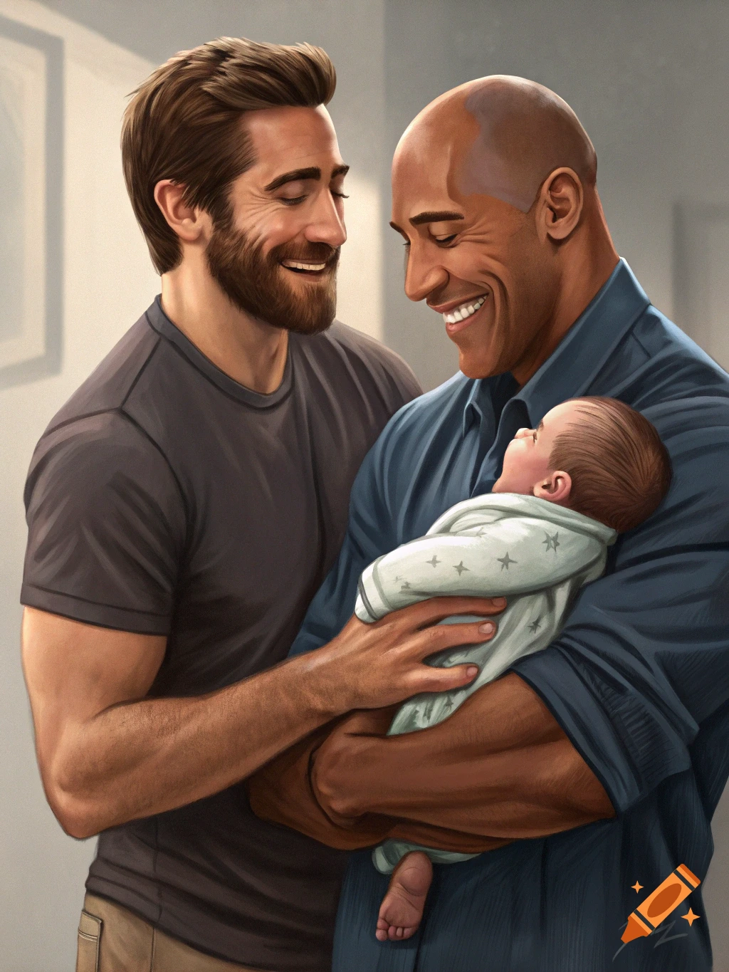 Illustrative portrait of Jake Gyllenhaal and Dwayne Johnson smiling while holding a baby