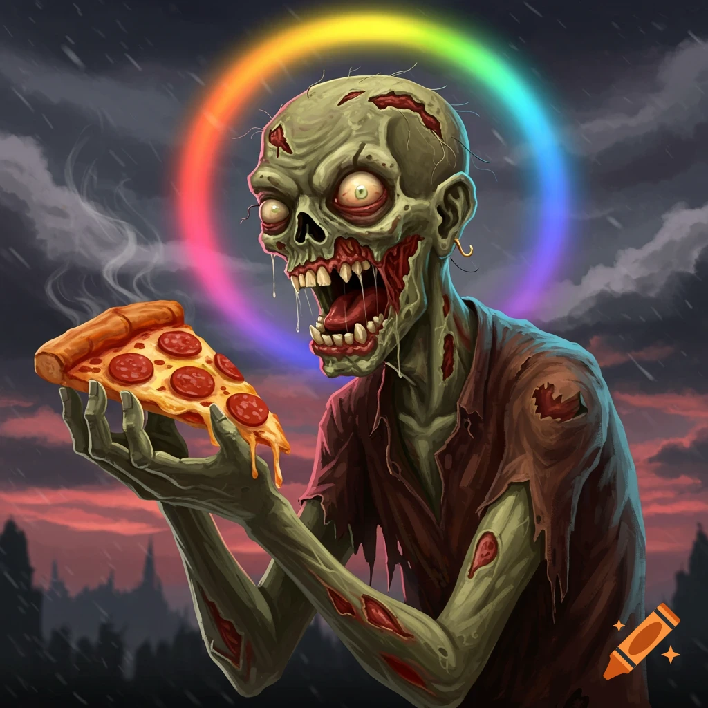 A zombie holds a slice of pizza under a rainbow ring in a stormy setting. Stylized illustration.