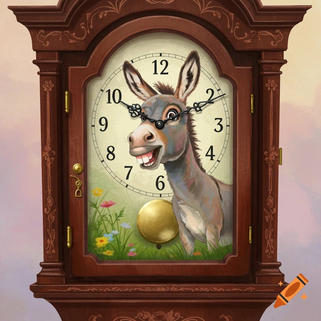 Cartoon donkey looks out from a grandfather clock face.