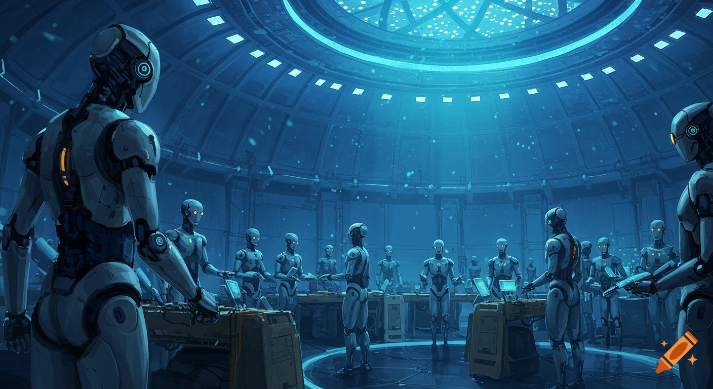 Robots gather in a large futuristic dome-shaped room with desks and screens.