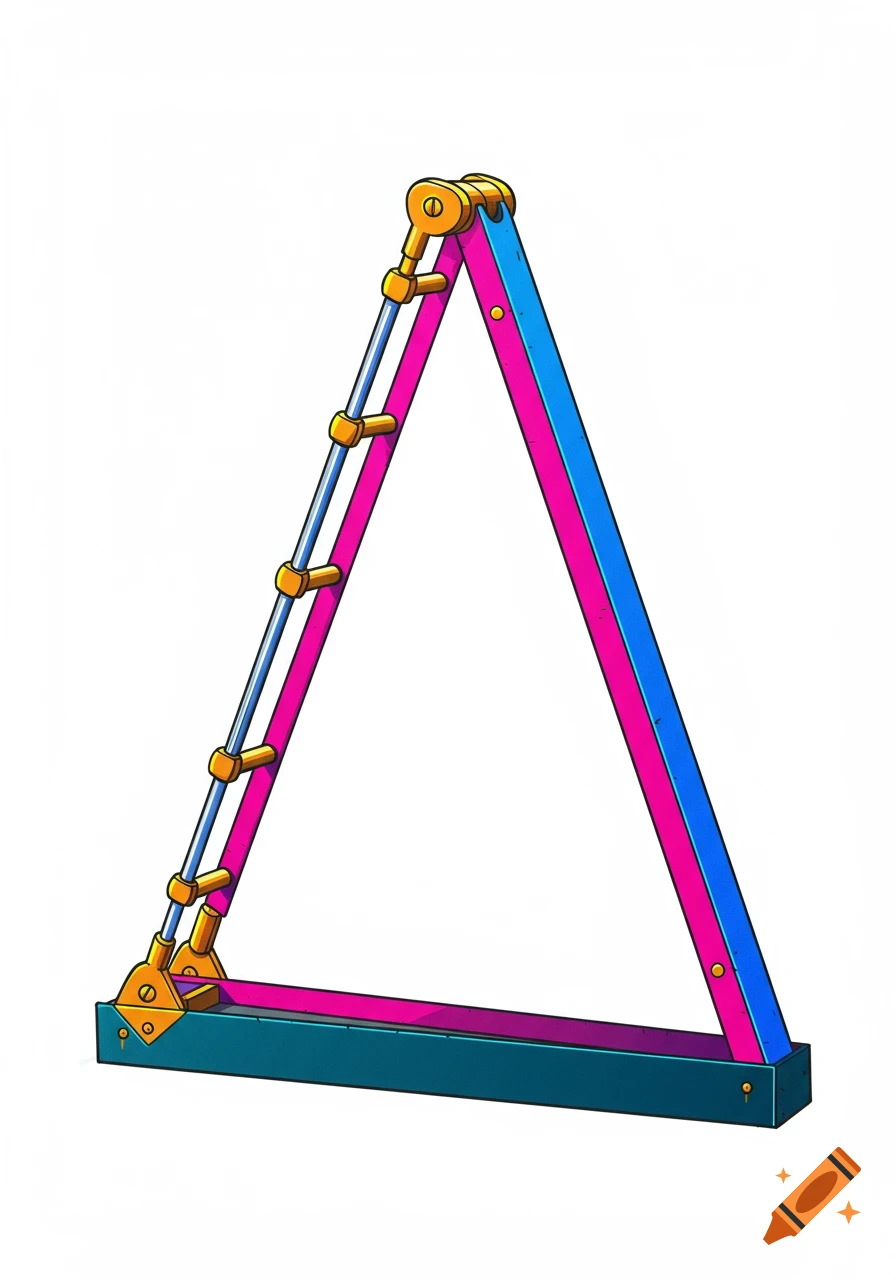 A colorful mechanical triangle on a white background.