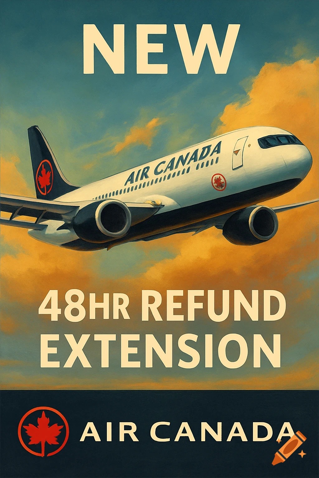 Vintage style poster advertising an Air Canada refund extension, showing a plane in flight.
