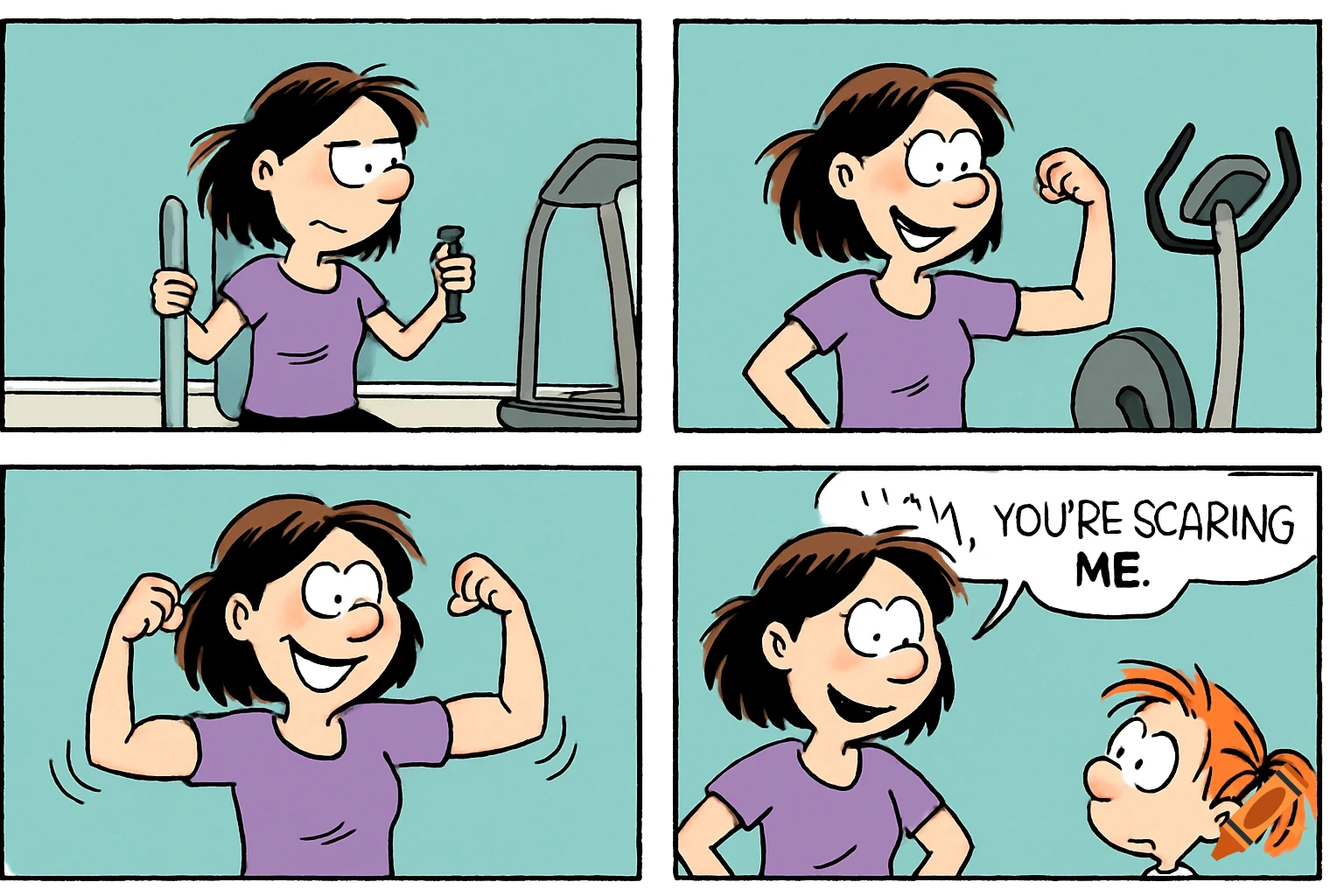 A four-panel cartoon comic strip. A woman lifts weights, then flexes her biceps impressively. A child reacts by saying 'YOU'RE SCARING ME.'