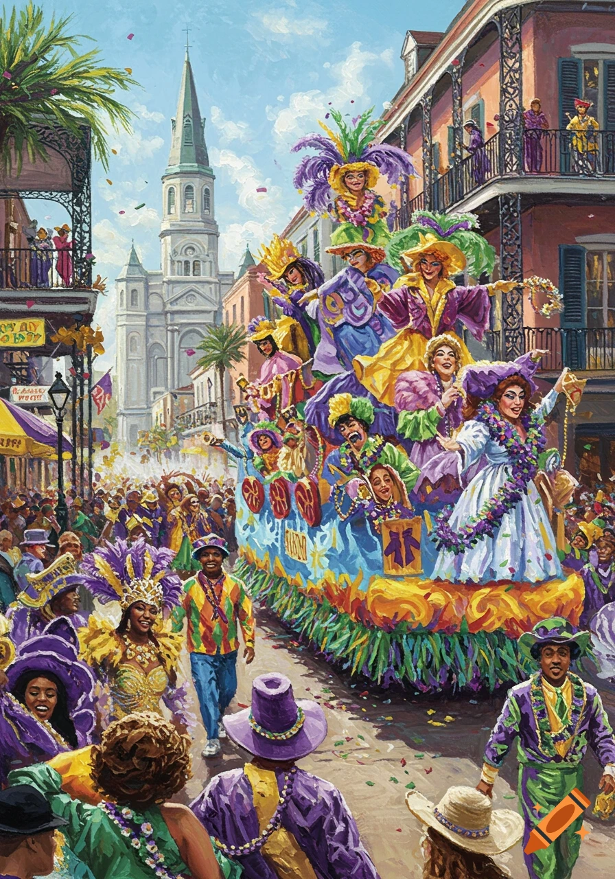 Painting of a crowded Mardi Gras parade with a festive float and costumed people in the street.