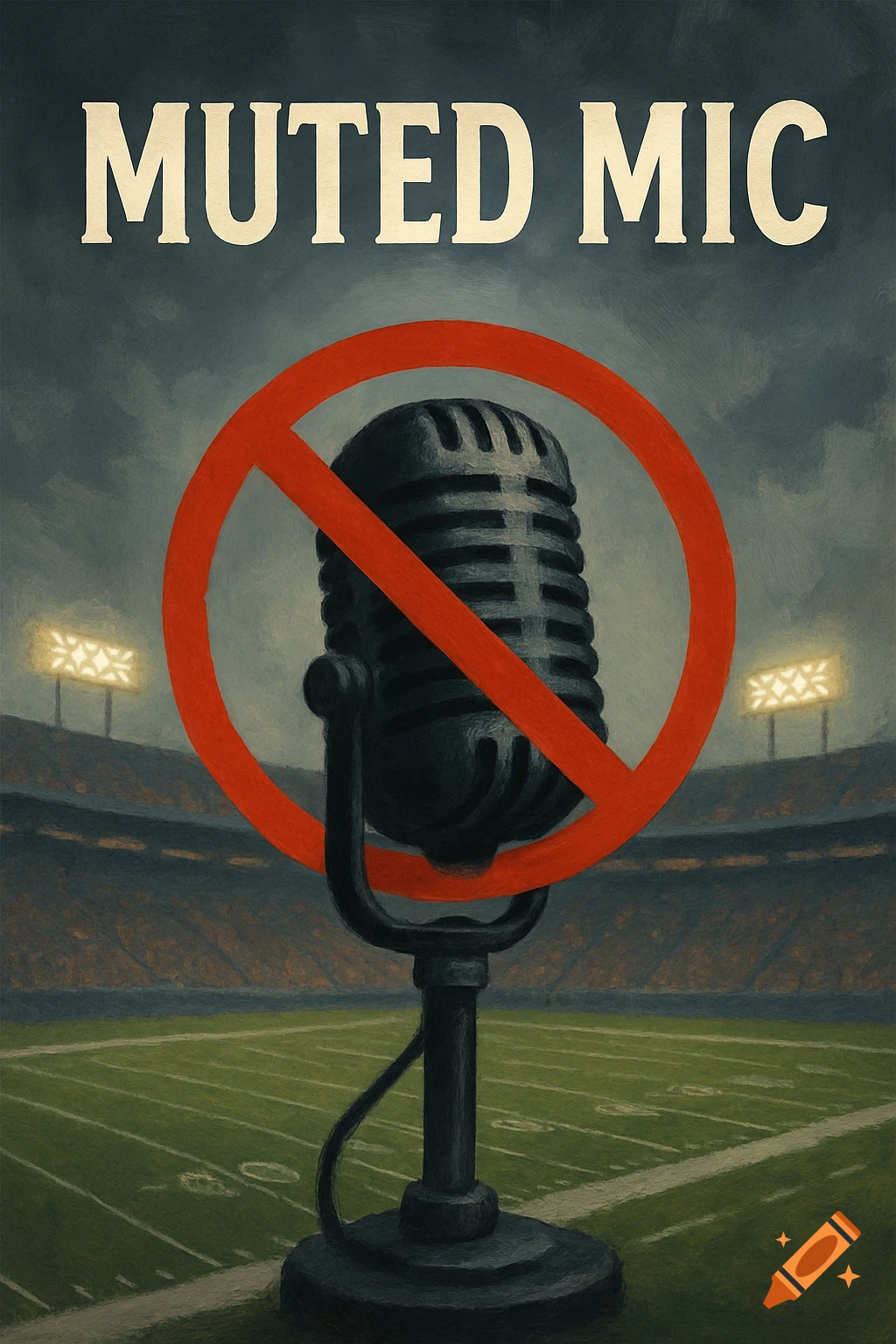 Vintage microphone with a red no symbol over it, in front of a football stadium, text reads 'MUTED MIC'