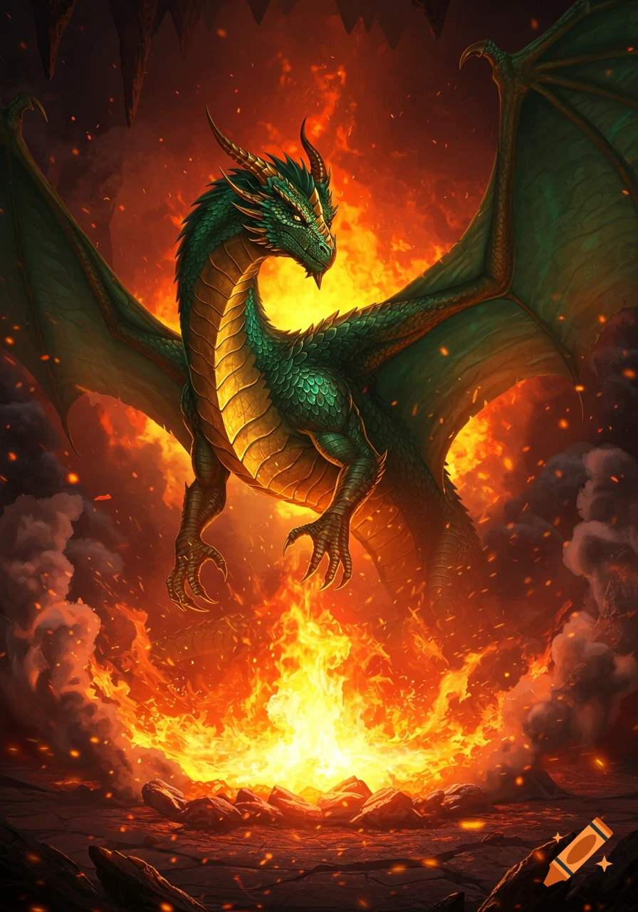 Green and gold dragon with outstretched wings above fire in a cave ...
