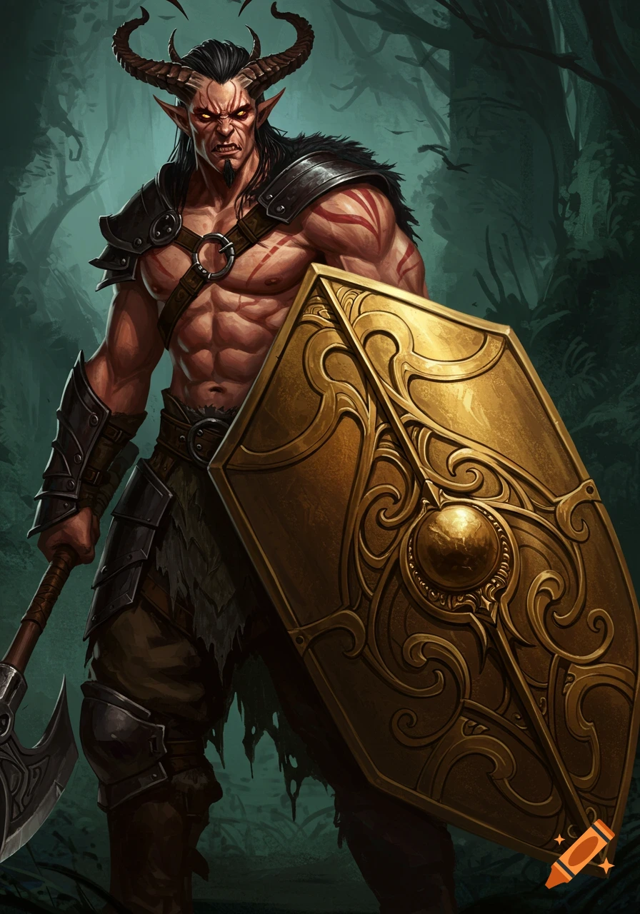 Fantasy character with horns, axe, and golden shield in a forest