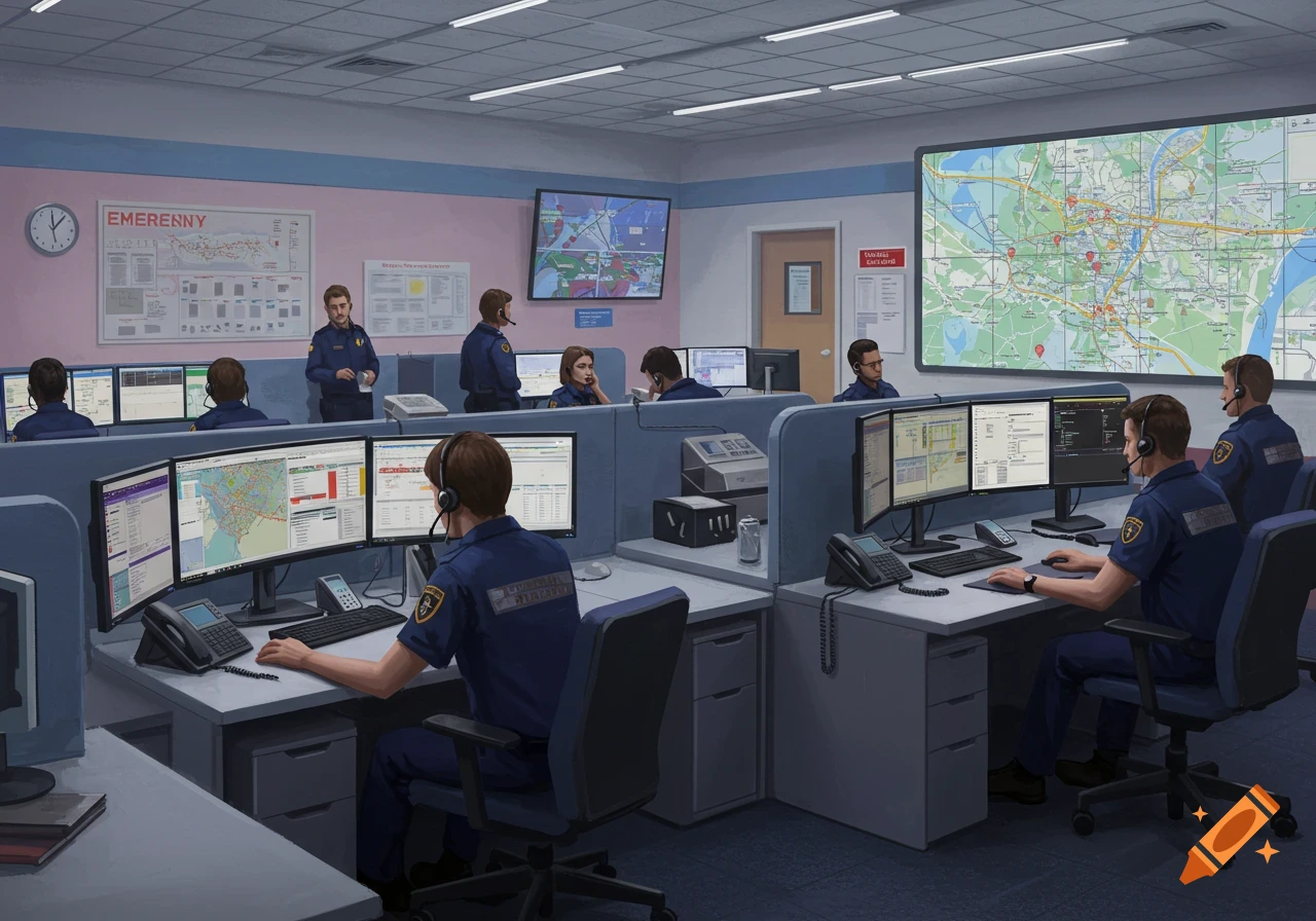Illustration of people working at desks in an emergency services call center.