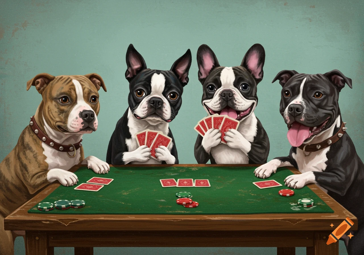 Four dogs, a pit bull, two Boston terriers, and a pit bull, play cards at a green felt table in a painterly style.