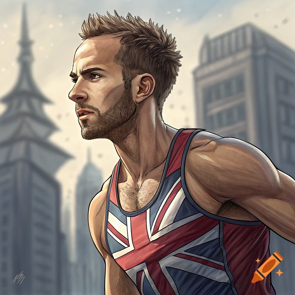 Stylized illustration of a male runner in a Union Jack tank top against a blurry city background.