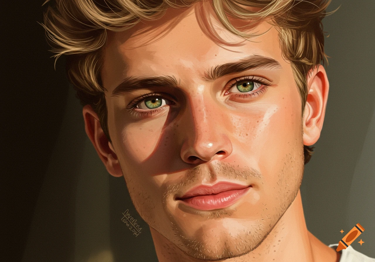 Close-up digital painting portrait of a young man with green eyes and freckles.