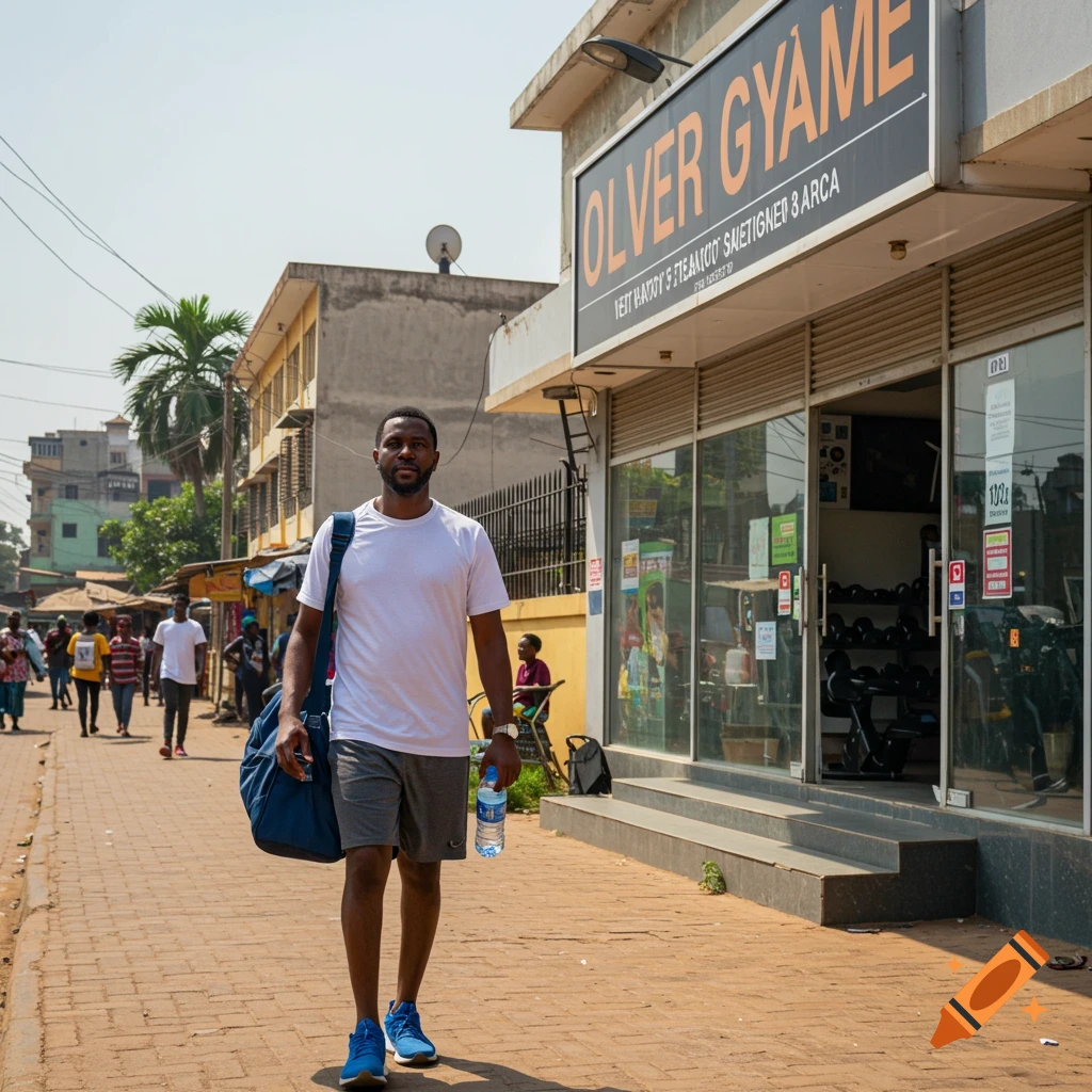 A Black man walks down a street with a gym bag and water bottle, past a building with a sign.