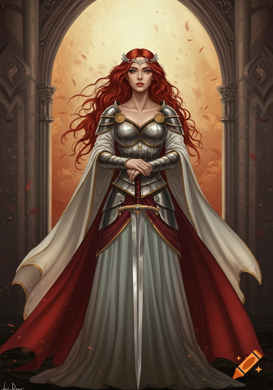 Illustration of a red-haired woman in fantasy armor and a dress holding a sword in an arched entrance.