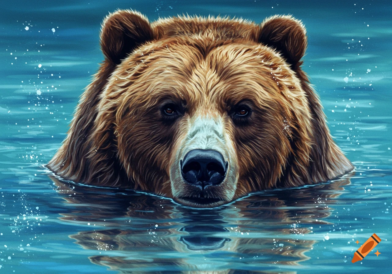 A close-up portrait of a grizzly bear's head emerging from blue water.