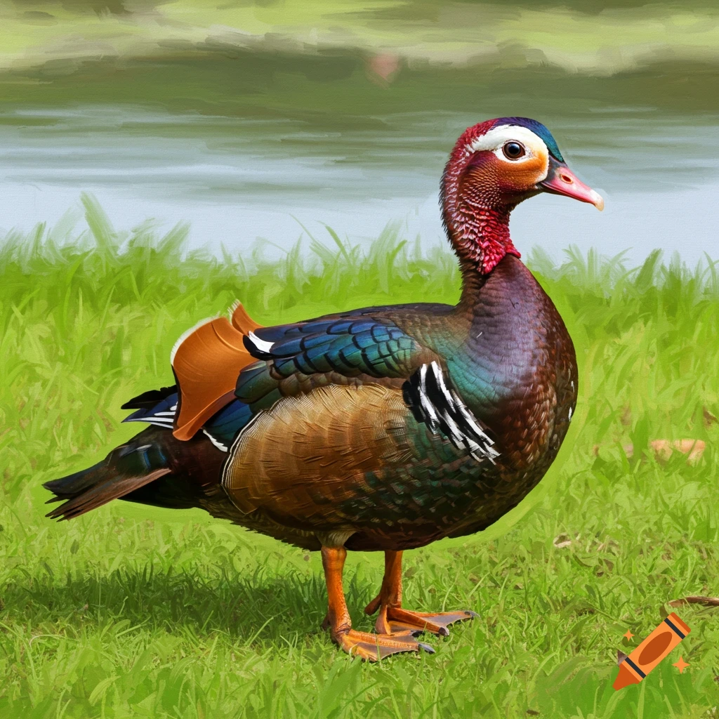 A colourful duck stands in the grass near water, in a painterly style.