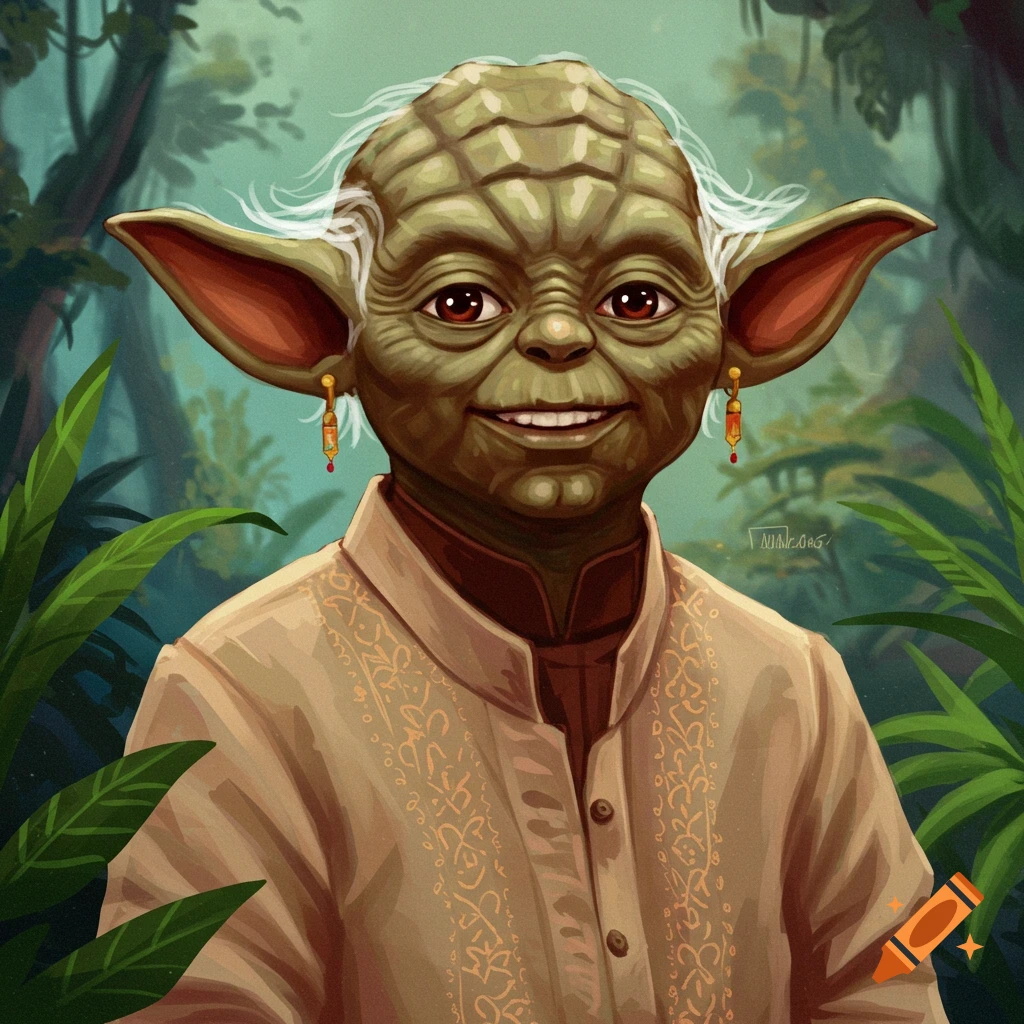 An illustration of Yoda wearing a traditional Filipino shirt and earrings in a forest setting.