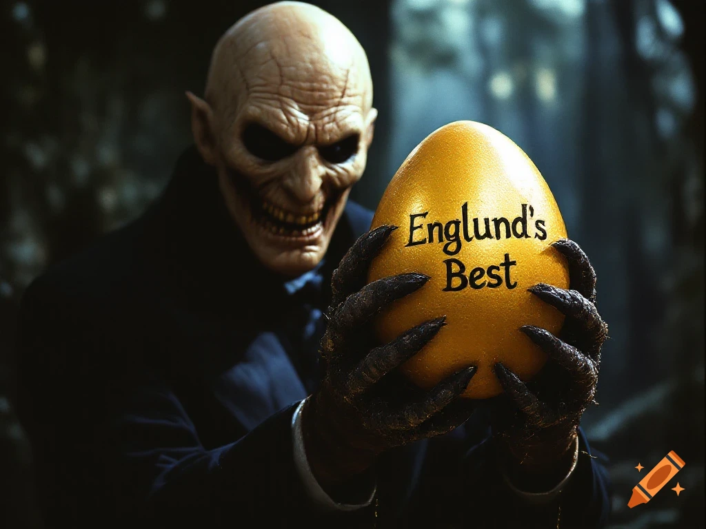 Realistic horror creature holds a golden egg labeled 'Englund's Best'.