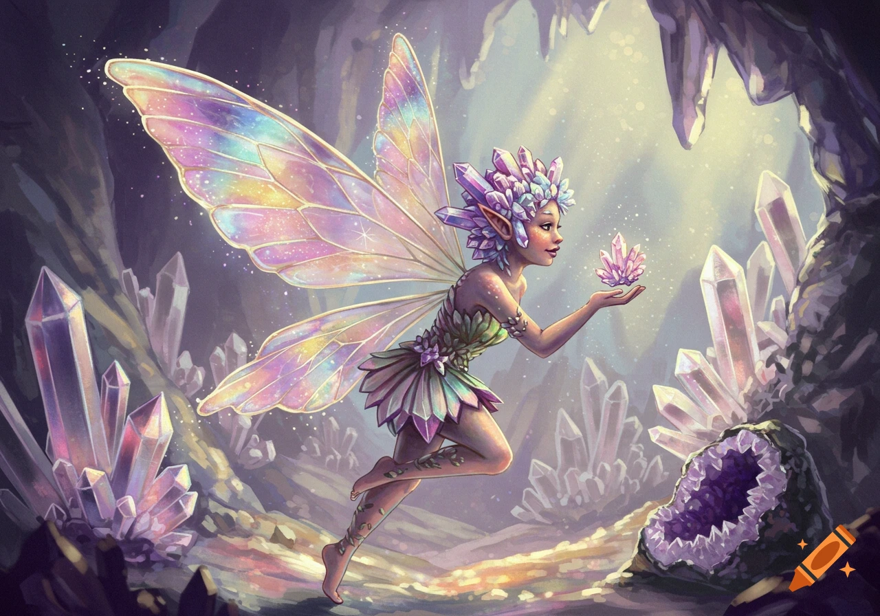 A crystal fairy flies through a cave filled with large crystals and geodes, holding a small crystal.