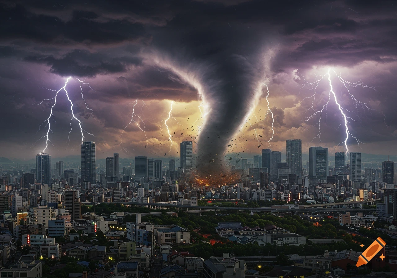 A huge tornado tears through a city skyline during a thunderstorm.