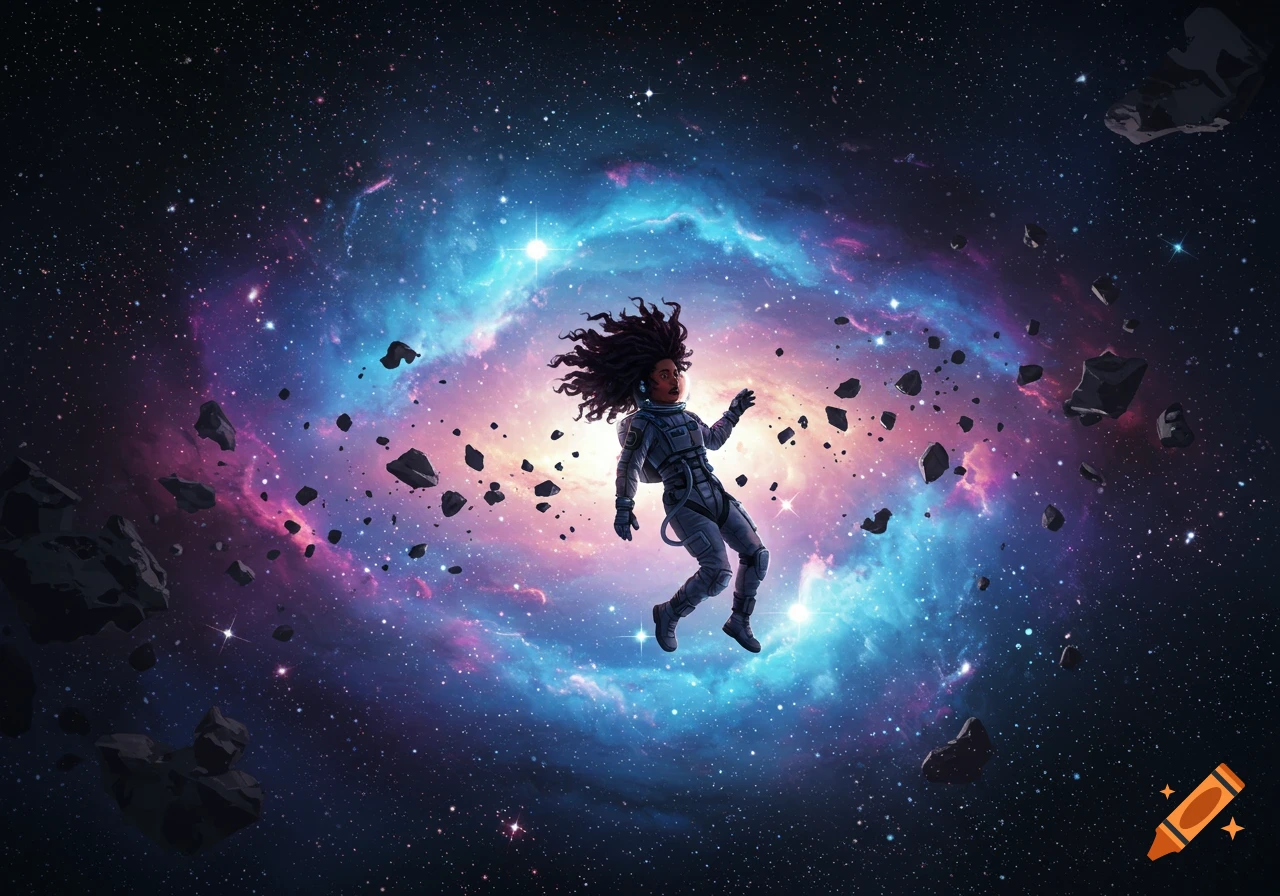 Astronaut floating in space surrounded by asteroids and nebula