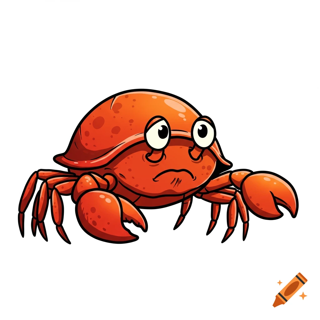 Cartoon of a sad or worried crab with wide eyes.