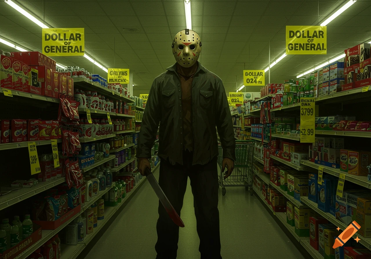Jason Voorhees stands in a supermarket aisle holding a bloody machete.