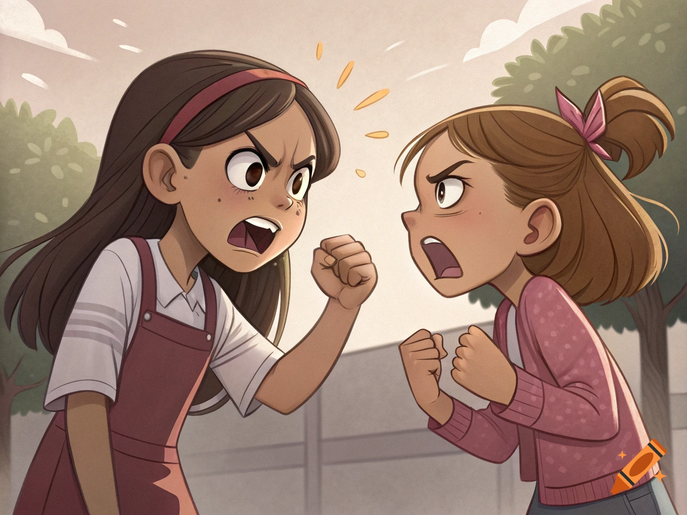 Two cartoon girls with angry expressions face each other, hands balled into fists, about to fight.