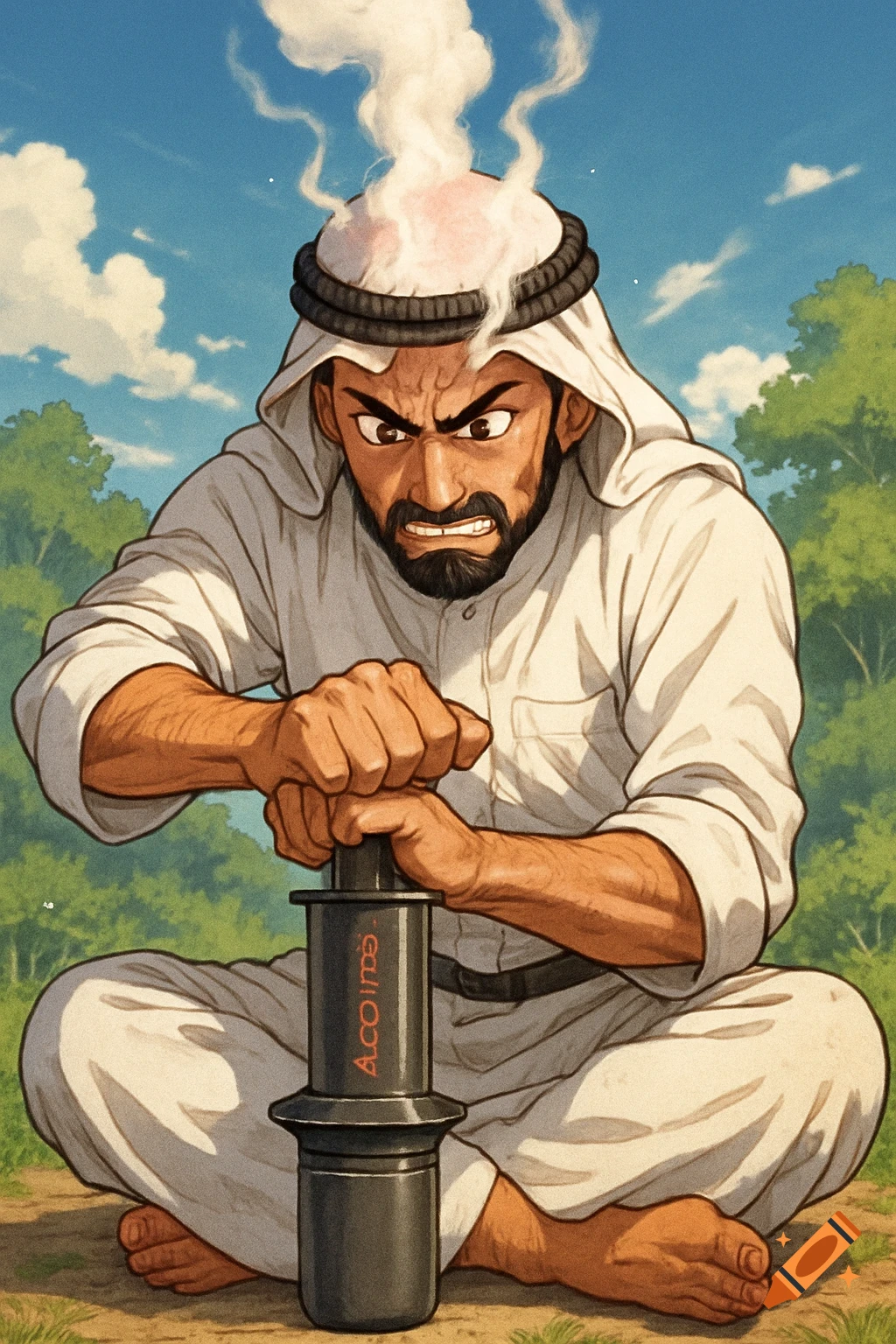 Anime style illustration of an intense Arab man pressing a portable coffee maker, with steam rising from his head.