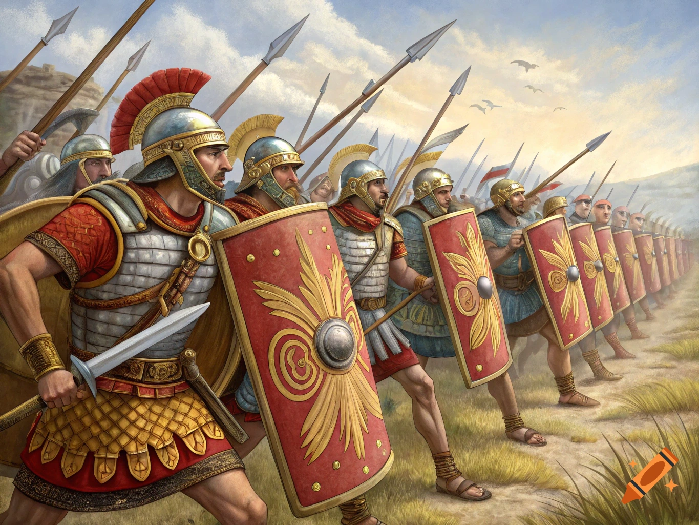 A group of Roman soldiers in armor and holding shields and spears march in formation.