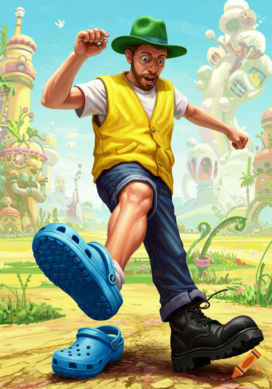 Man in yellow vest steps over a blue Croc while wearing a blue Croc and a black boot in a surreal landscape.