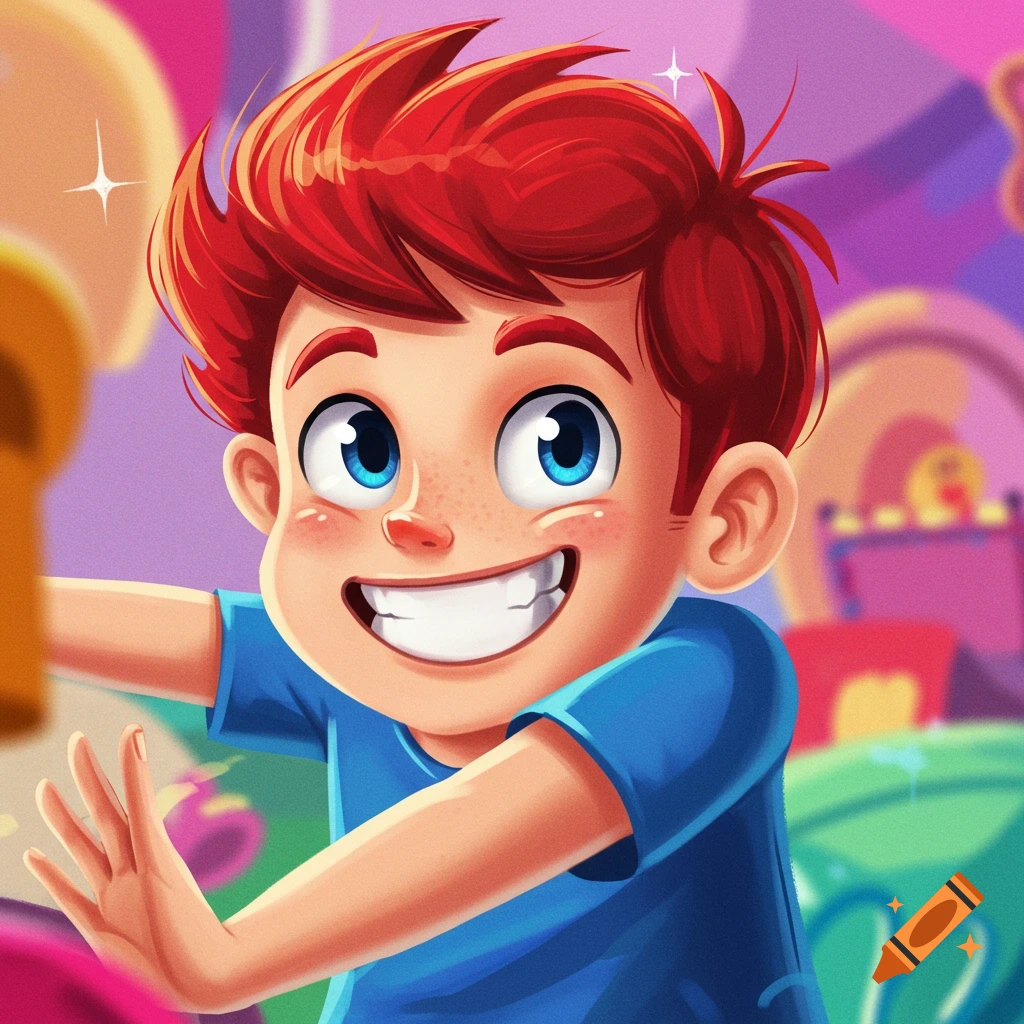 Cartoon illustration of a red-haired boy with blue eyes smiling widely against a colorful whimsical background.