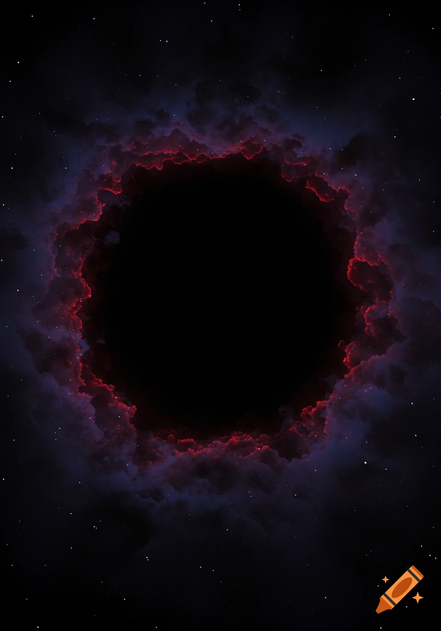 A dark void surrounded by red and purple glowing nebula clouds and stars in space.