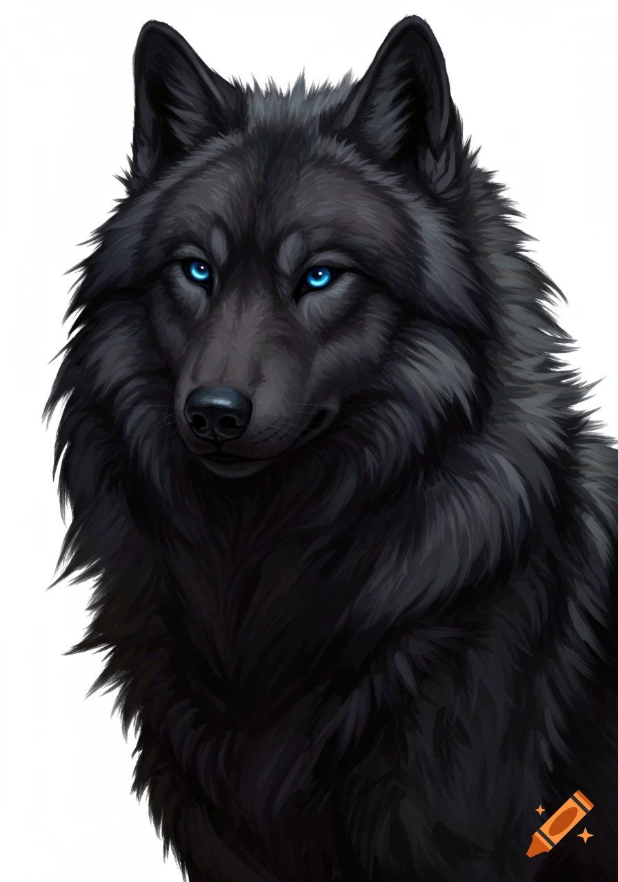 A close-up portrait of a black wolf with bright blue eyes