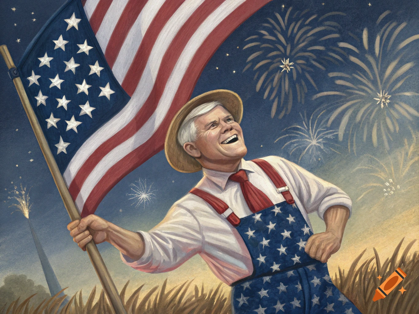 Painting of a man in overalls waving an American flag with fireworks in the background.