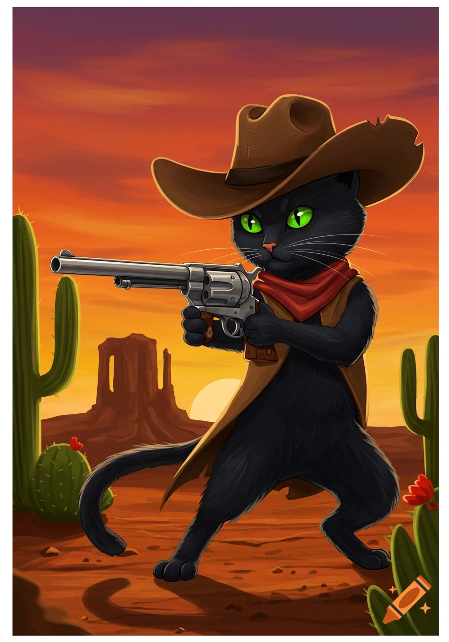 A black cat wearing a cowboy hat and vest aims a revolver in a desert sunset landscape with cacti.
