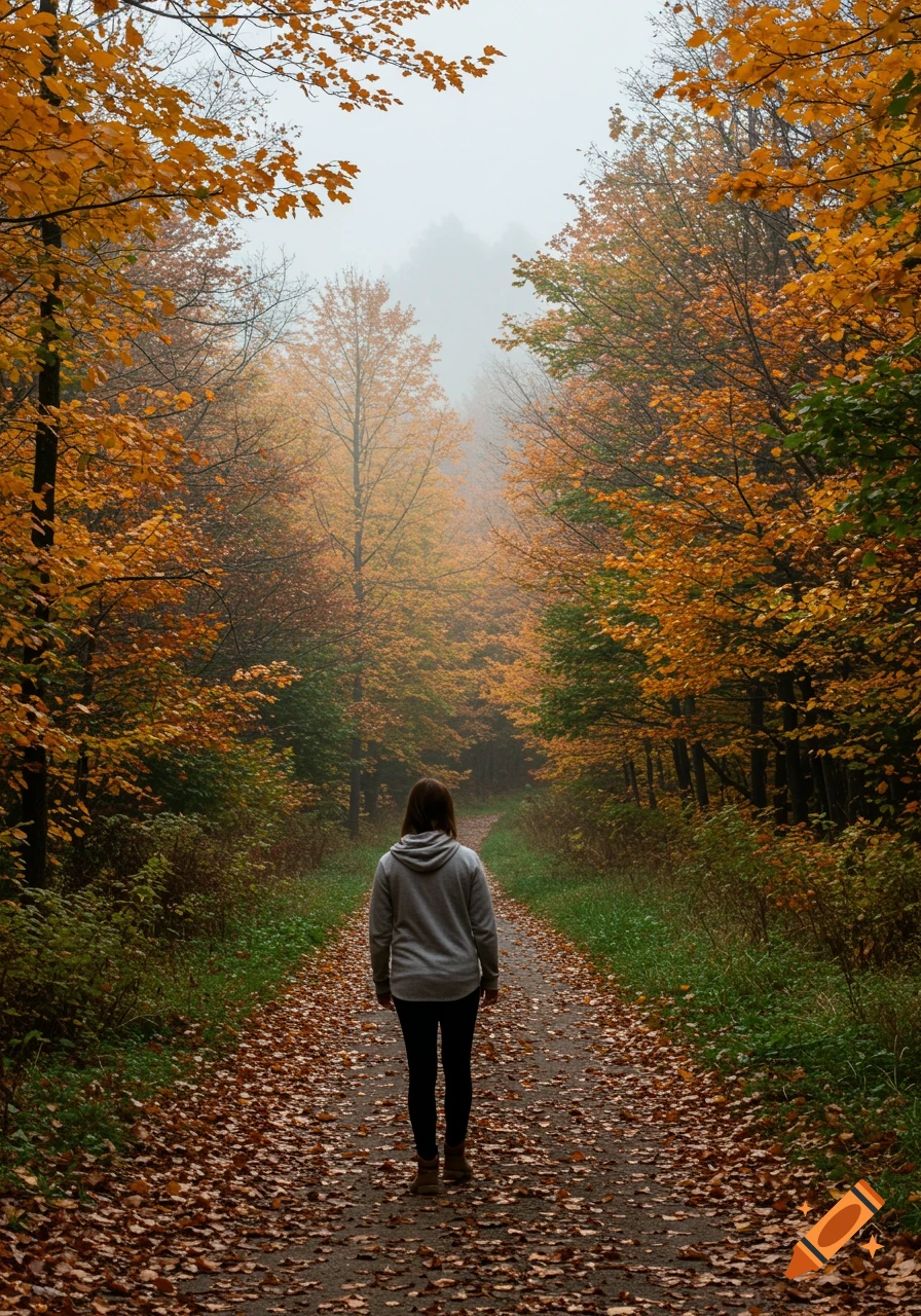 A person walks on a leaf-strewn path through a forest with bright orange and yellow autumn leaves.