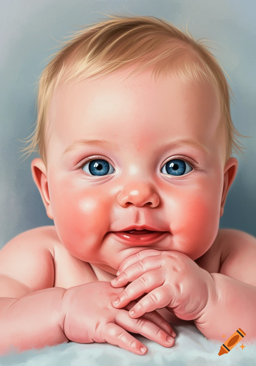Close-up illustration of a smiling baby with blue eyes and blonde hair ...