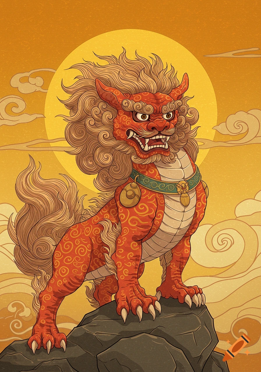 Red mythological creature, a Shishi or guardian lion, stands on a rock against a yellow sun and clouds in a stylized illustration.