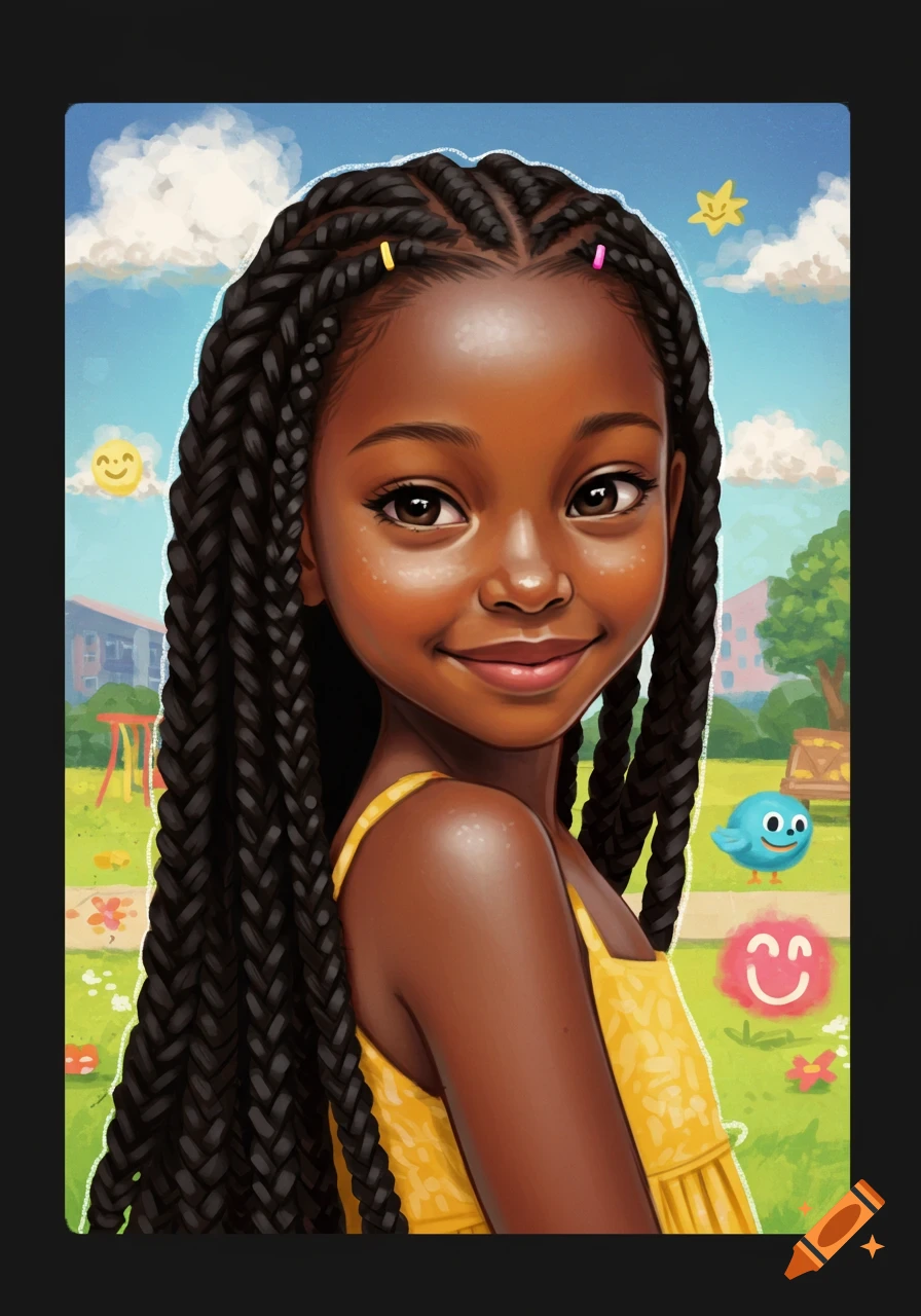 Illustration of a young Black girl with long braided hair smiling in a park with a playground.
