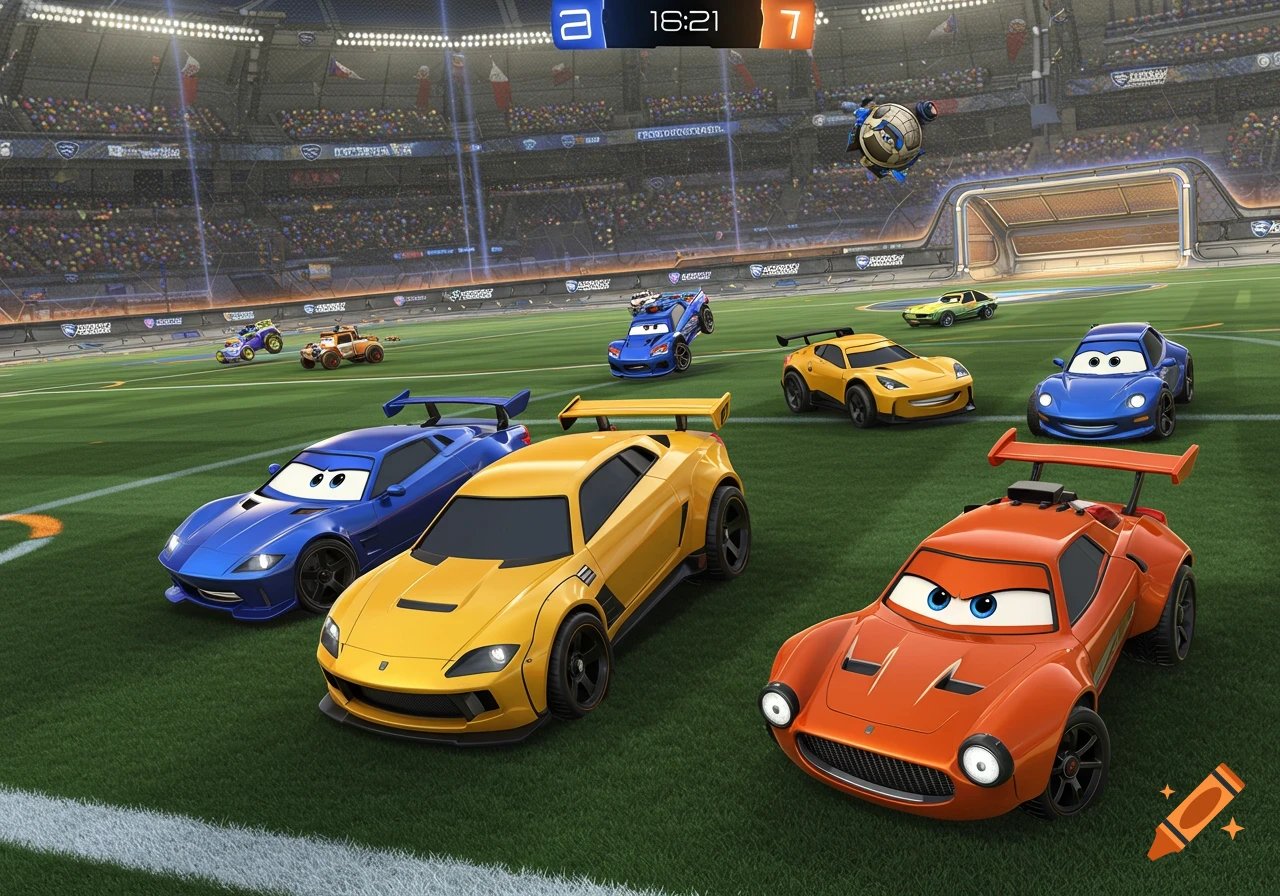 Cartoon cars playing soccer in a stadium, Pixar style.